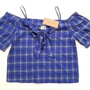 Women's Blue Plaid Off Shoulder Shirt Top Size L